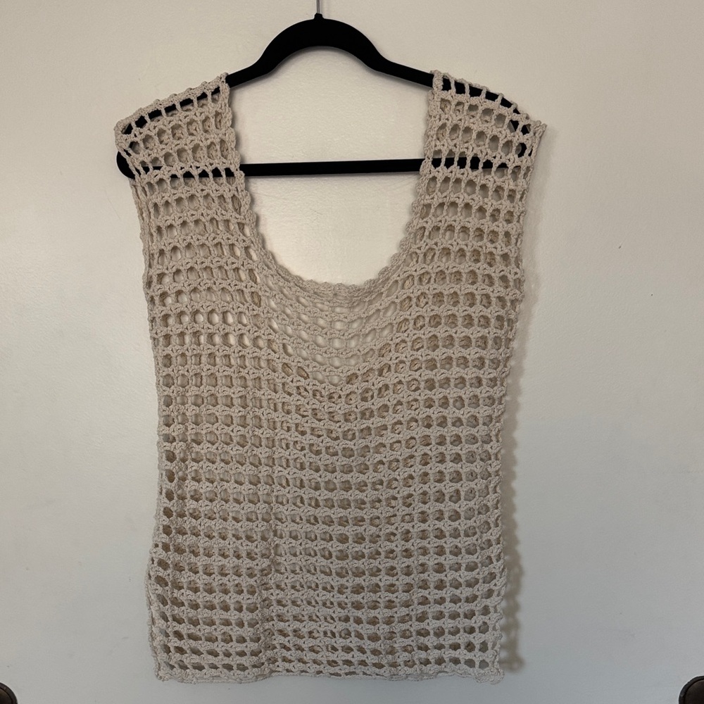 Beige Crochet Sleeveless Knit Top
